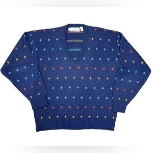 Vintage Damon Wool Blend Sweater Men’s Large Blue Diamond Pullover V-neck USA